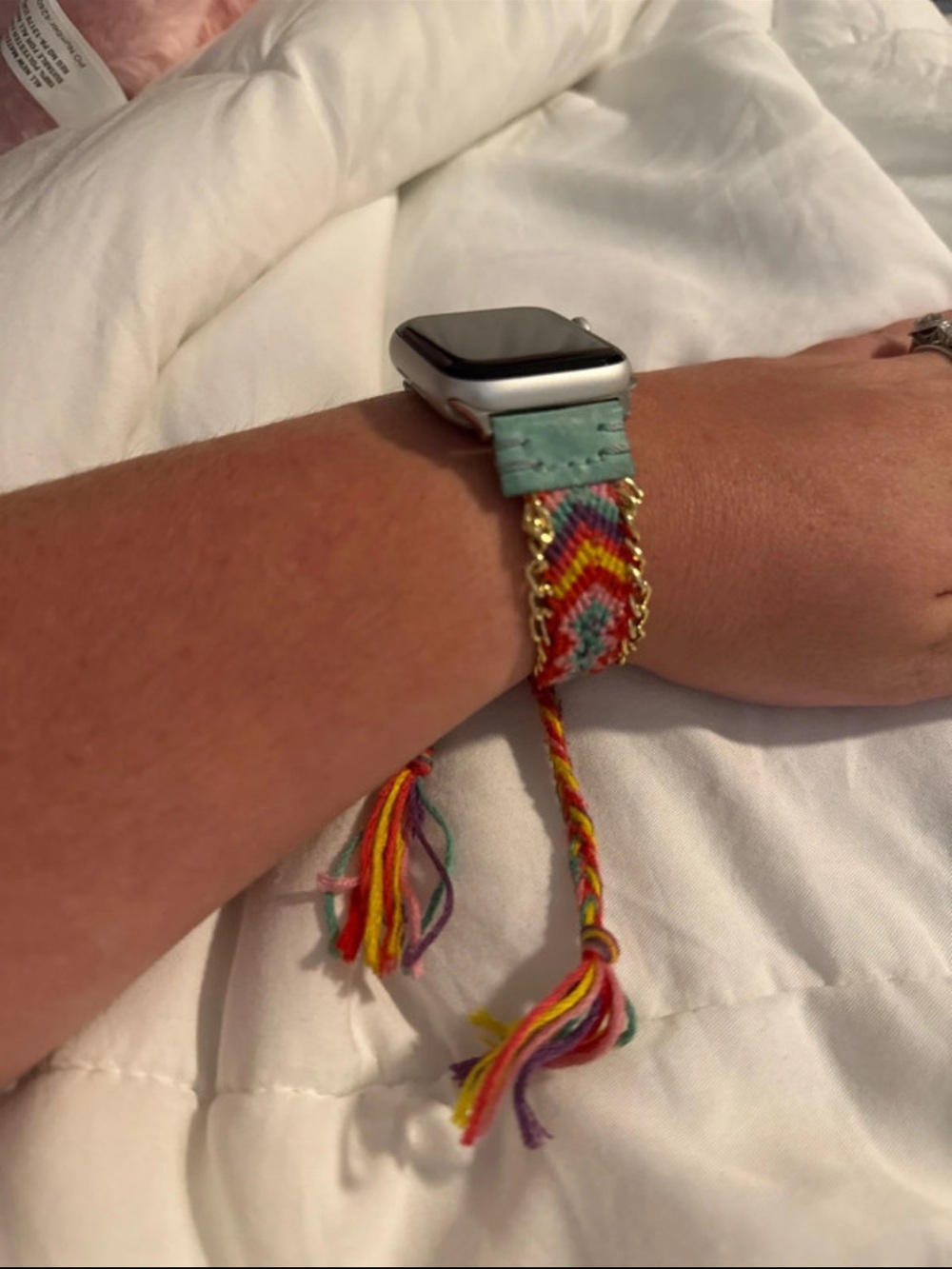 Apple Watch with Rainbow Woven Friendship Band and Mint Leather Accents 38mm